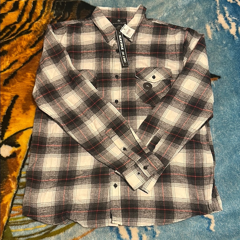 Men's Black and White Plaid Button-Up Shirt